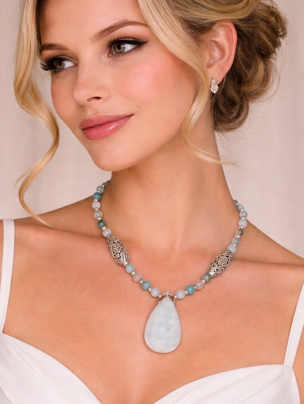 HANDMADE Aquamarine Teardrop Pendant Quartz Floral Beaded Necklace